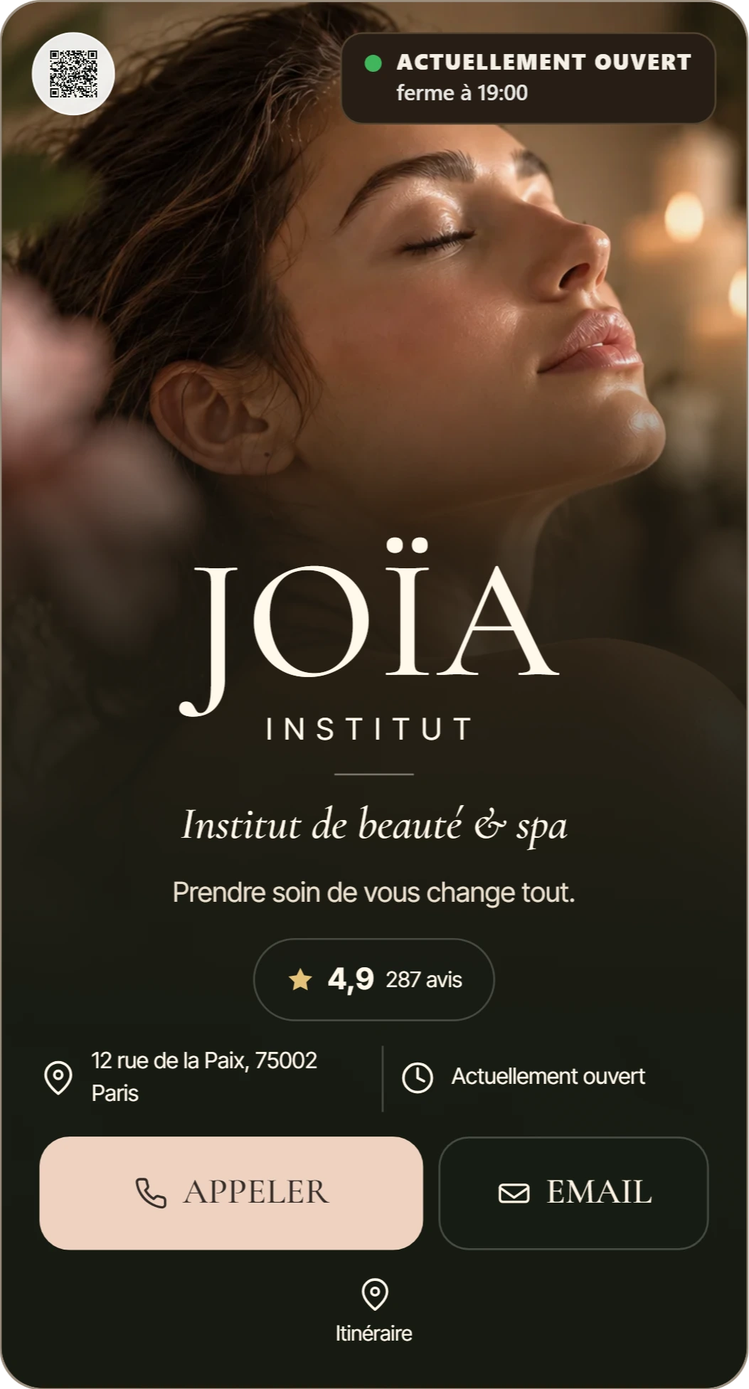Joïa Institut, carte de démonstration, modèle Éditoriale